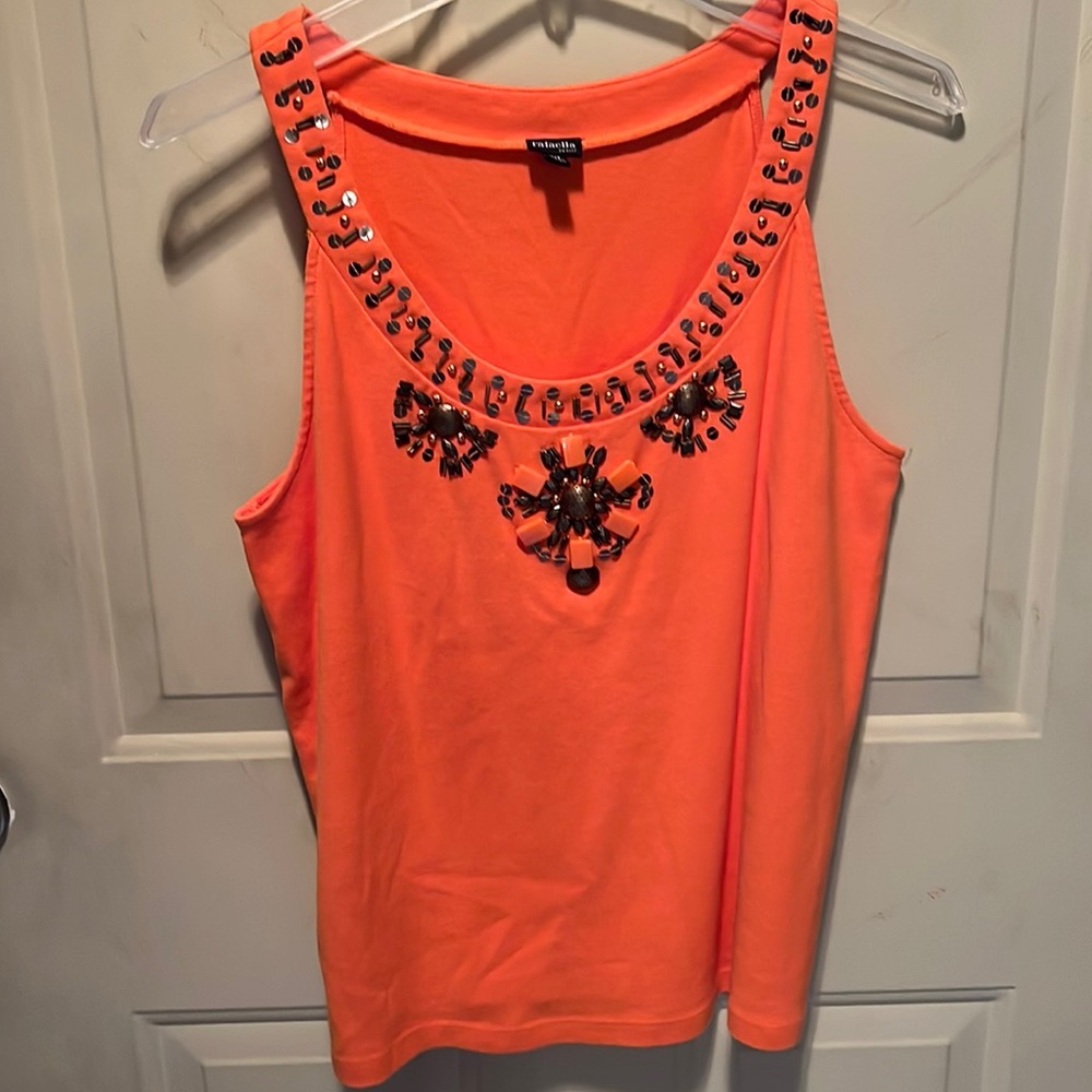Rafaella ladies sleeveless tank, P/L, embellished front and collar trim.